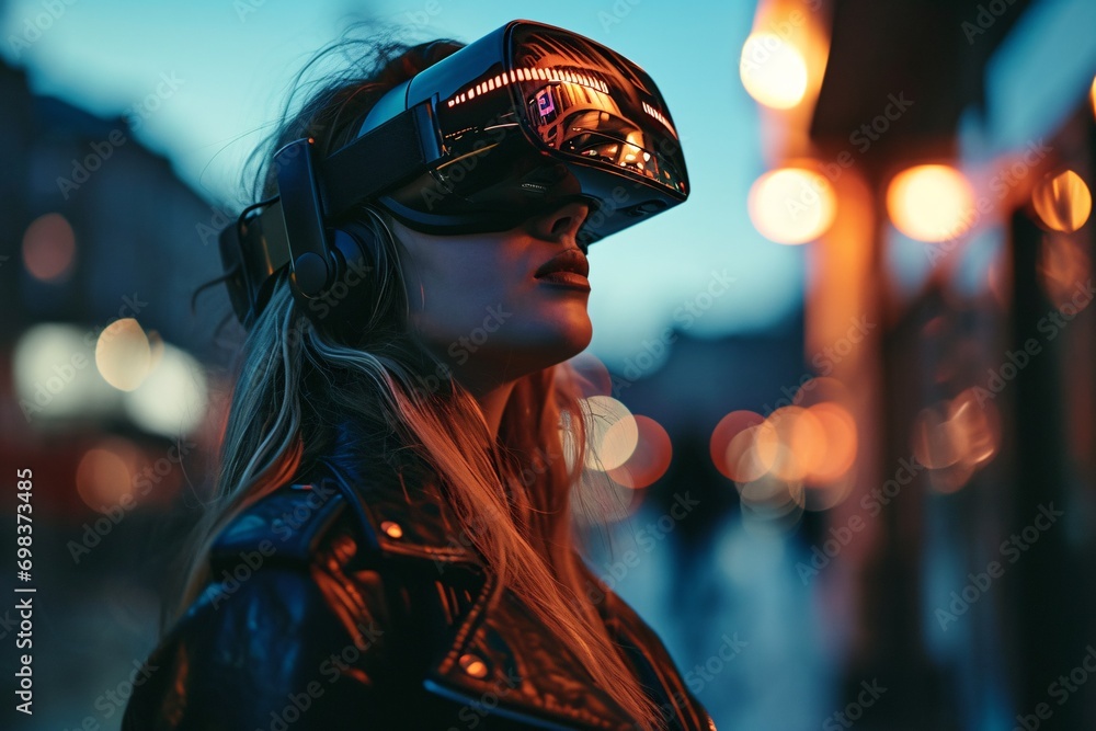 portrait of a woman in a red dress with vr glass portrait of a woman in a red dress with vr glass