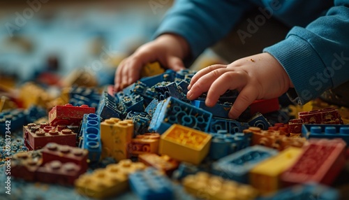 A baby's hand playing with blue and yellow Lego blocks