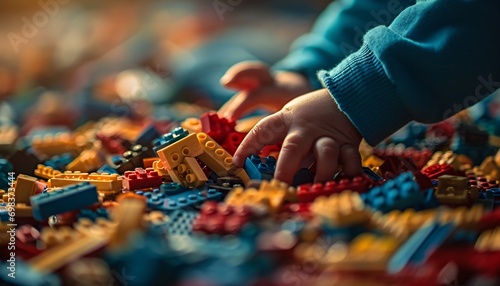 A child's hand reaching for a yellow and blue lego brick photo