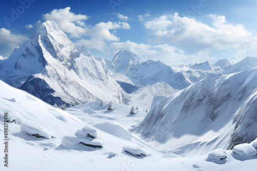 Sovereign Peaks: Majestic Mountain Range in Winter Splendor, Generative AI illustration