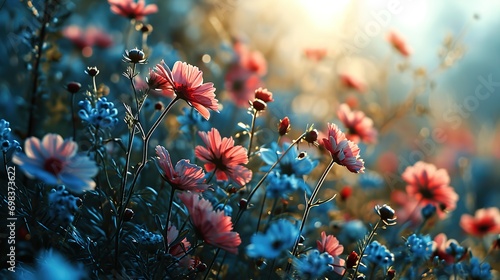 Beautiful flowers in the meadow at sunset, nature background