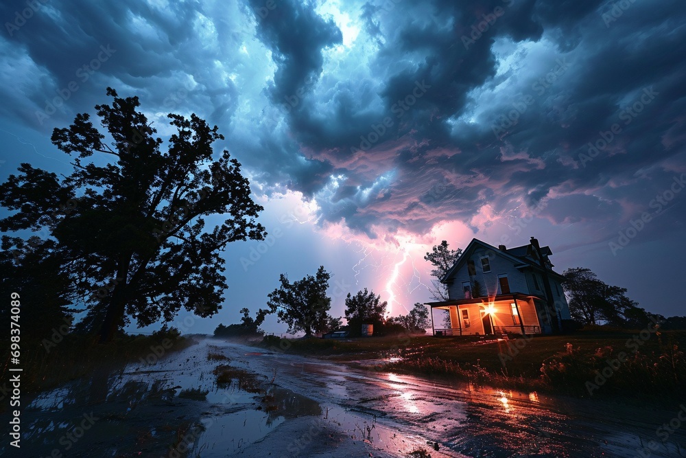A house with a lightning bolt in the sky