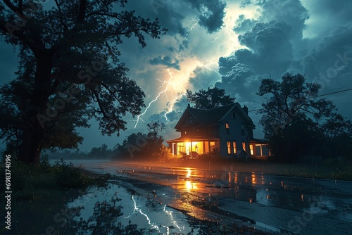 A house with a lightning bolt in the sky