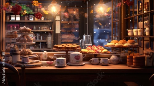 Cozy cafe corner with aromatic coffee and desserts