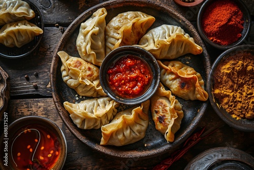 A plate of dumplings with a bowl of sauce.