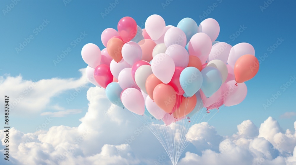 A cluster of balloons released into the sky, disappearing into a fluffy white cloud.