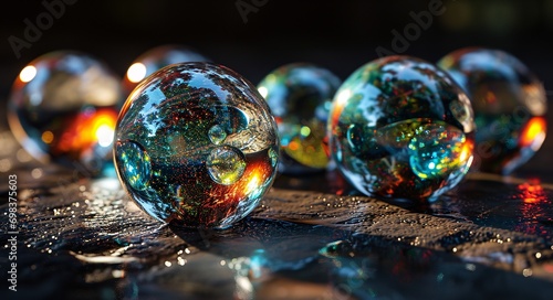 A group of colorful glass balls on a table