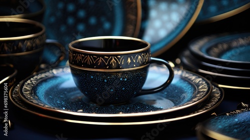 Beautiful table setting. Blue black and gold ceramic tableware.