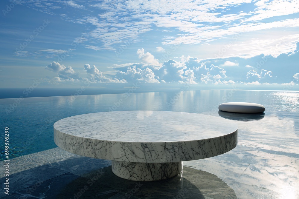 A marble table overlooking the ocean
