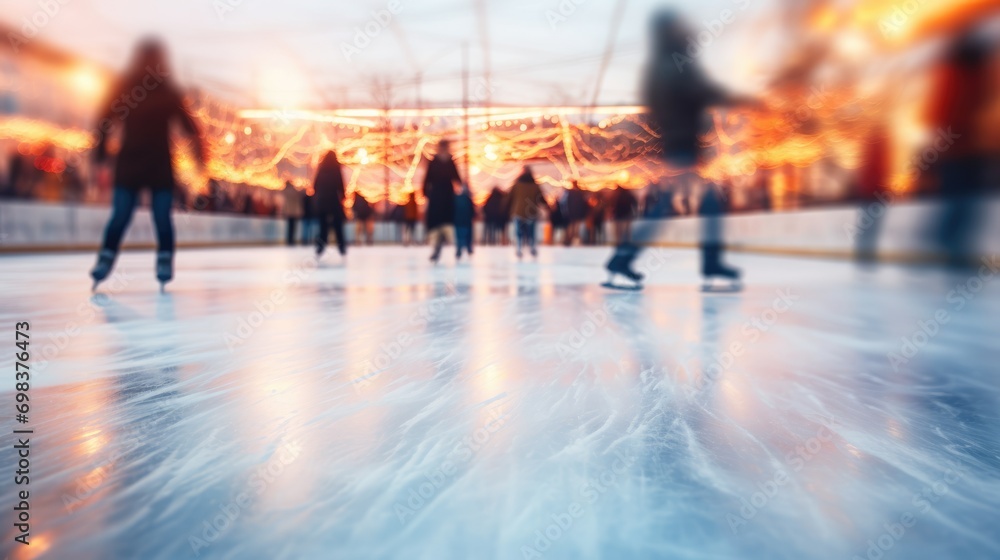 Ice skating rink in winter. Happy moments spent together. Blurred background