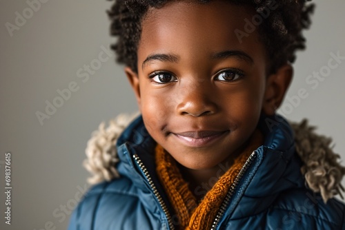 Smiling young boy wearing a blue jacket and an orange sweater © Bipul Kumar