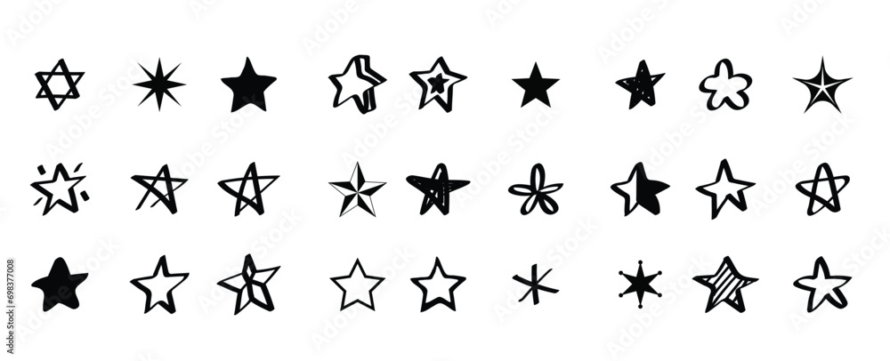 Collection of illustrated star icons. Stars collection. Star vector icons. Black set of Stars, isolated on transparent background. Star icon. Stars in modern simple flat style. Vector
