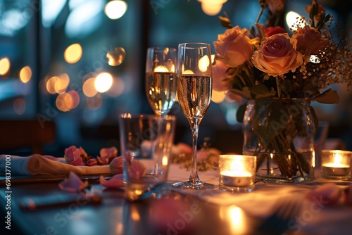 A romantic dinner setting with wine glasses and a lit candle