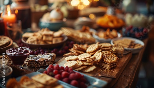 A variety of snacks and desserts on a wooden table