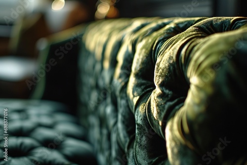 A close-up of a green velvet couch with a sunlight glare