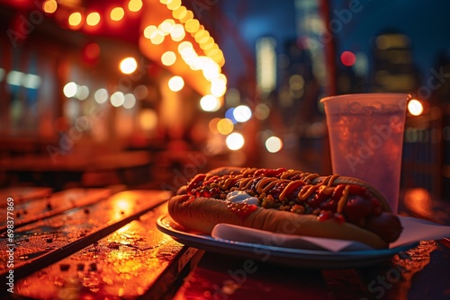 A hot dog with ketchup and mustard on a wooden table photo