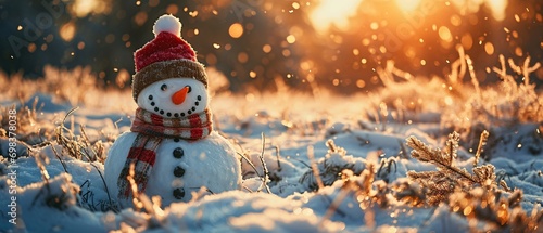 A snowman with a red hat and scarf standing in the snow photo