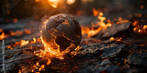 A burning globe with a map of the world photo