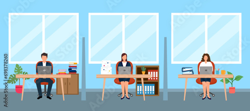 Company employees working in office in flat design.