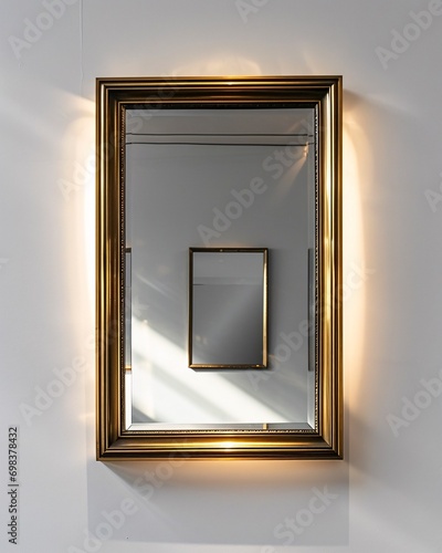 A gold framed mirror on a white wall.