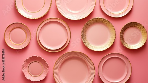 Pink and gold dishes on a pink background. View from above. Flat layer