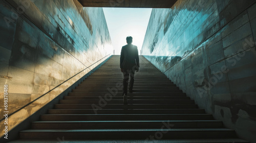 Back view silhouette photo of business man standing at underground looking up at bright light at the top end of stairs. With successful determine emotion. Target business strategy planning concept. 