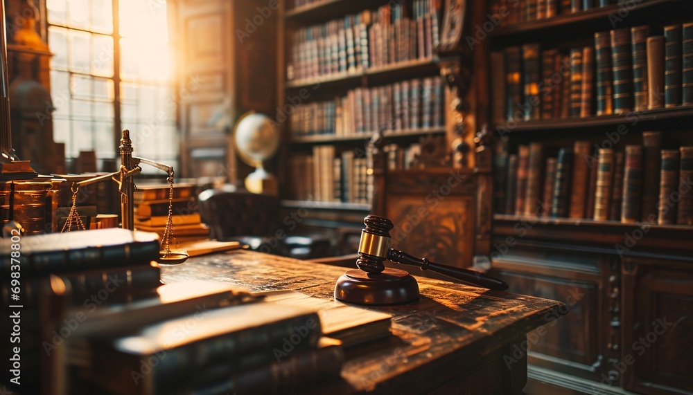 A wooden desk with a gavel and books