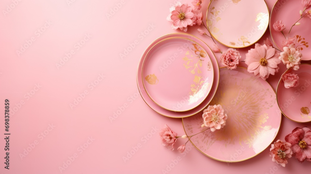 Pink and gold plate, flowers and cutlery on a pink background. Flat layer Pink and gold plate, flowers and cutlery on a pink background. Flat layer