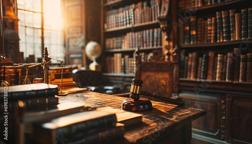 A wooden desk with a gavel and books photo