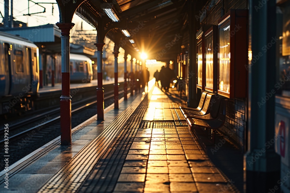 A train station with a sunset in the background