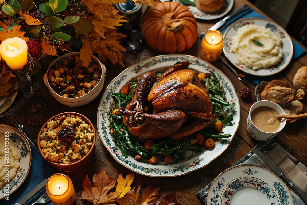 A table full of food, including a roasted turkey, pumpkin, and other dishes. A table full of food, including a roasted turkey, pumpkin, and other dishes.