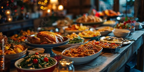 A variety of foods on a table, including a roasted chicken, stuffing, and vegetables photo