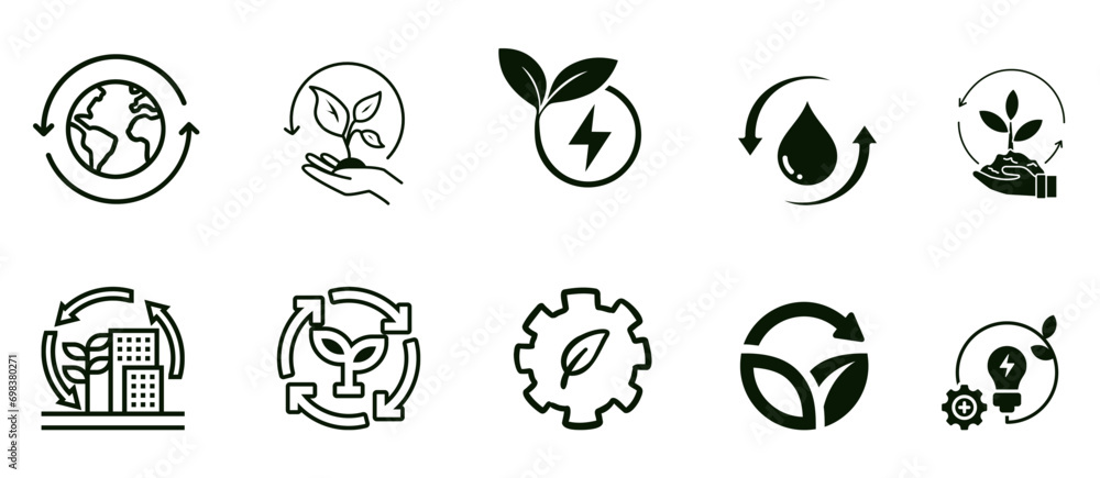 Ecological icons set, renewable energy, sustainable development and green investment concept icons collection - obrazy, fototapety, plakaty 