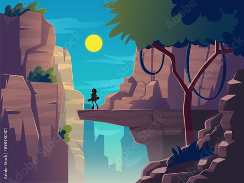  Log bridge between mountains above cliff in rock peaks landscape with waterfall and trees background. Beautiful scenery nature. cartoon icon illustration. Flat design style