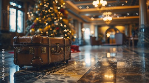 A brown suitcase with gold hardware sitting on a marble floor in front of a Christmas tree.