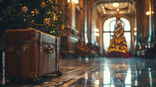 A suitcase with gold handles and a Christmas tree in the background photo