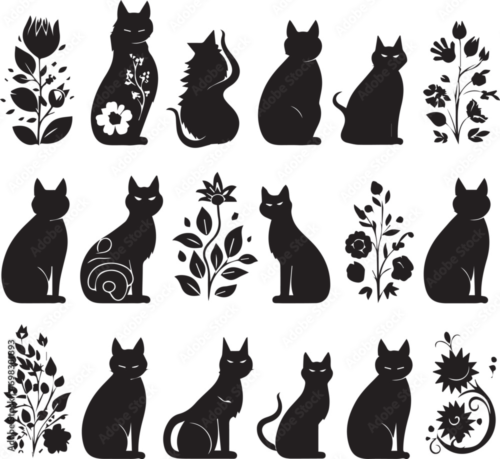 A Set of Cats different poses black silhouettes Isolated On White Background A Set of Cats different poses black silhouettes Isolated On White Background