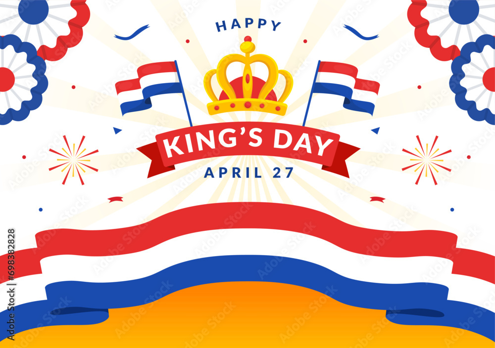 Happy Kings Netherlands Day Vector Illustration on 27 April with Waving Flags and Ribbon in King Celebration Flat Cartoon Background Design - obrazy, fototapety, plakaty 