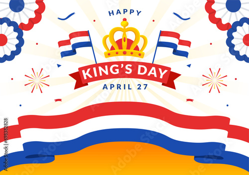 Happy Kings Netherlands Day Vector Illustration on 27 April with Waving Flags and Ribbon in King Celebration Flat Cartoon Background Design