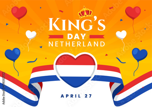 Happy Kings Netherlands Day Vector Illustration on 27 April with Waving Flags and Ribbon in King Celebration Flat Cartoon Background Design