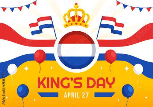 Happy Kings Netherlands Day Vector Illustration on 27 April with Waving Flags and Ribbon in King Celebration Flat Cartoon Background Design