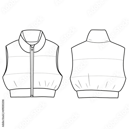 Sleeveless warm outwear jacket, puffer jacket. Vector technical sketch. Mockup template.