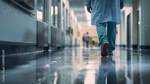 Wallpaper Mural professional hospital staff walking down a corridor. Doctor in a hospital ward wearing blue apron. Selective focus at the leg and blurred background with copy space Torontodigital.ca