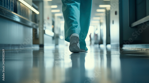 Wallpaper Mural professional hospital staff walking down a corridor. Doctor in a hospital ward wearing blue apron. Selective focus at the leg and blurred background with copy space Torontodigital.ca