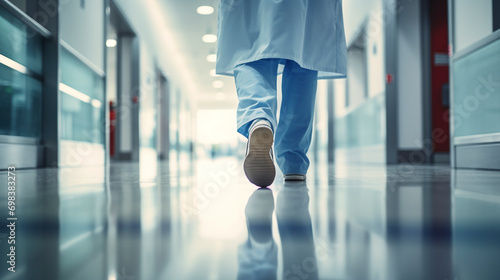 Wallpaper Mural professional hospital staff walking down a corridor. Doctor in a hospital ward wearing blue apron. Selective focus at the leg and blurred background with copy space Torontodigital.ca