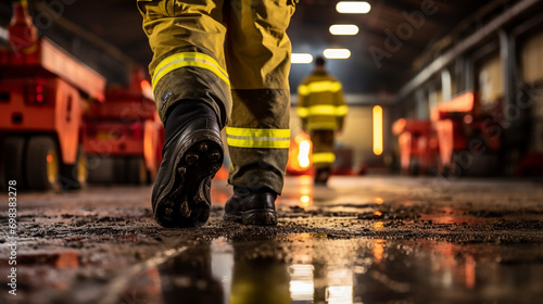 brave firefighter walking through the fire station on the way to put out a fire. Selective focus on leg and blurred background with copy space