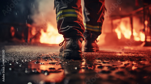 brave firefighter walking down a corridor. Selective focus at the leg and blurred background with copy space