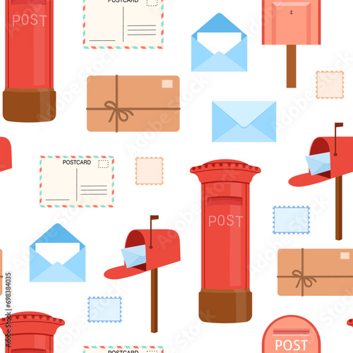 Seamless watercolor pattern with open and closed envelopes and red post box on white background