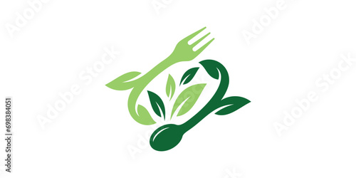healthy food logo design with cutlery and leaf elements, icon, vector, symbols. photo