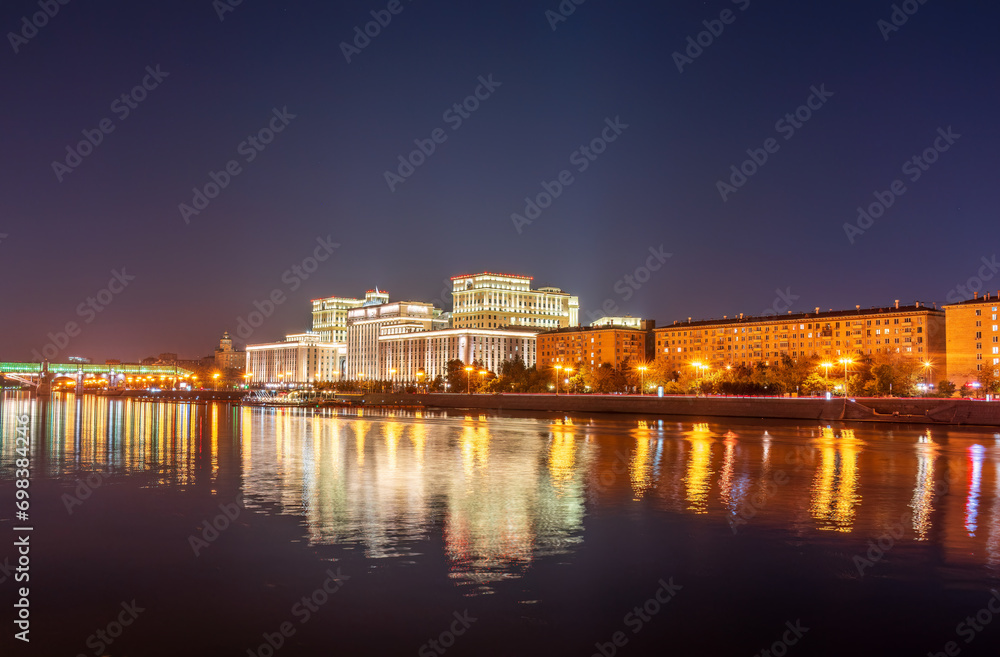 Night view of the Ministry of Defence of Russian Federation, and Moscow river embakmen